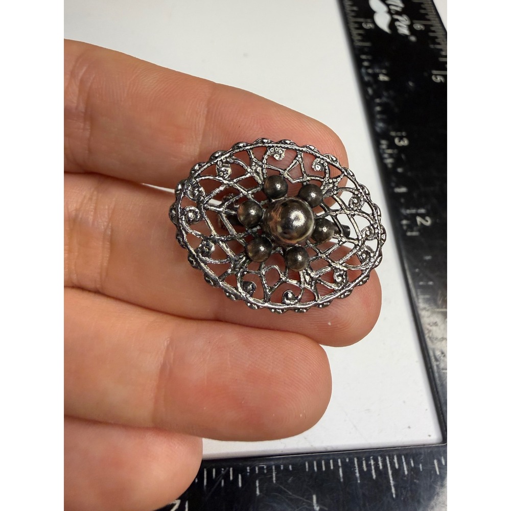 Vintage Silver Tone Filigree Oval Brooch Pin Openwork Cluster Detail